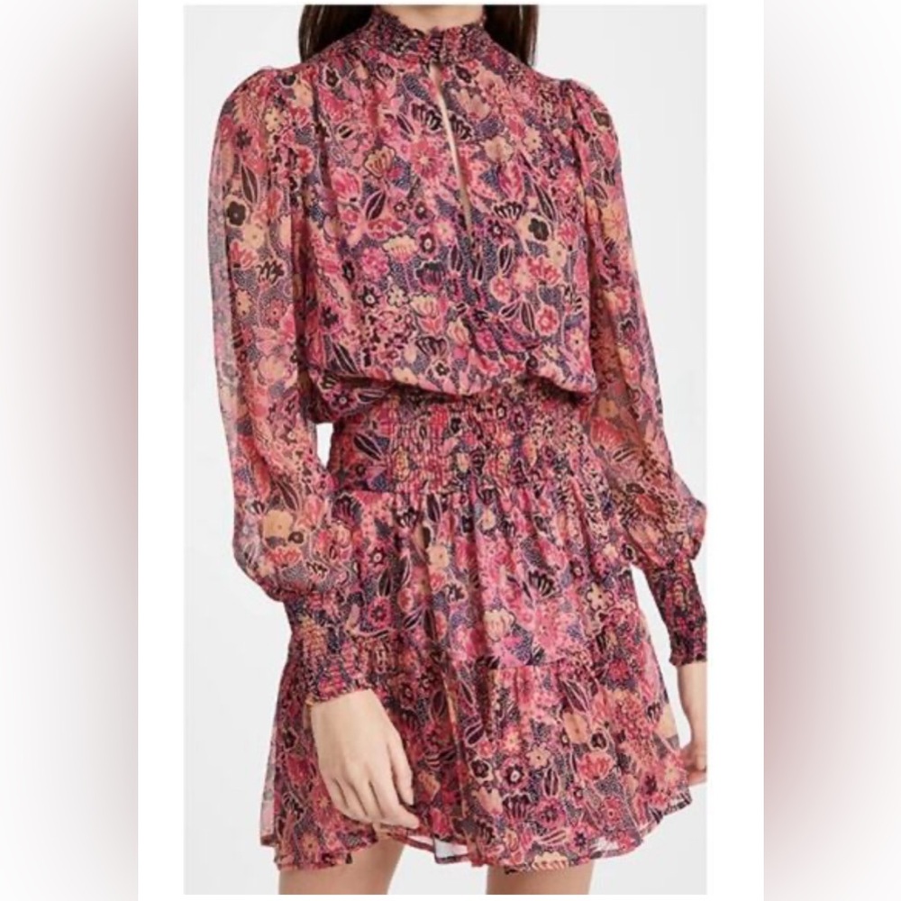 A.L.C. SILVIE METALLIC SILK BLEND FLORAL SMOCKED DRESS SZ 4